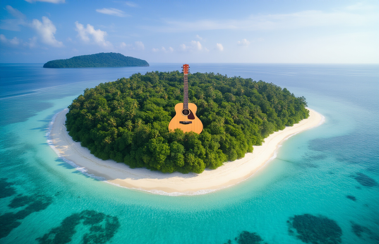 realistic image of a secluded, guitar-shaped island surrounded by crystal-clear turquoise waters in Havelock, Andaman, with lush dense green tropical forest covering the island's interior, pristine white sandy beaches lining its shores, gentle waves lapping the coastline, and a bright sunny sky with a few wispy clouds overhead, captured from an aerial bird's-eye perspective to reveal the unique guitar-like shape of the island, conveying a sense of untouched natural beauty and remote tranquility. Absolutely NO text should be in the scene.