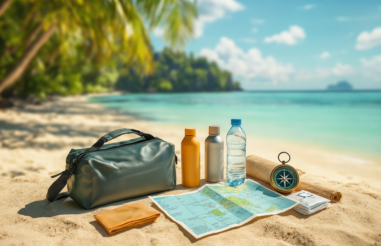 realistic image of a well-organized travel flat lay on a sandy beach surface featuring essential items for visiting remote beaches, including a waterproof bag, sunscreen, a reusable water bottle, a compass, a folded paper map, reef-safe sunscreen, and a basic first aid kit, with the turquoise Andaman Sea and lush green palm trees softly blurred in the background, warm golden sunlight casting natural shadows across the items, conveying a sense of adventure and careful preparation, with no people in the scene. Absolutely NO text should be in the scene.
