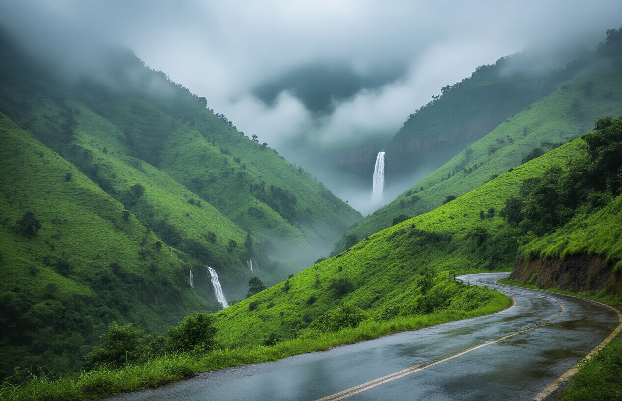 realistic image of a scenic Maharashtra landscape during monsoon season, featuring lush green Western Ghats hills blanketed in mist and low-hanging clouds, with a dramatic waterfall cascading in the background and a winding road cutting through the verdant terrain in the foreground, the overall mood balanced between awe-inspiring natural beauty and a sense of cautious adventure, soft diffused monsoon light filtering through overcast skies casting a moody yet magical atmosphere, puddles reflecting the grey-green tones of the surroundings, capturing both the rewarding and risky essence of monsoon travel in Maharashtra. Absolutely NO text should be in the scene.