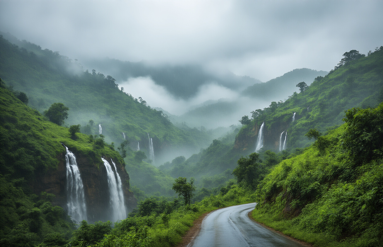 realistic image of a dramatic monsoon landscape in Maharashtra, India, featuring lush green Western Ghats hills shrouded in thick rolling mist and low-hanging clouds, with heavy rainfall cascading down rocky terrain forming multiple waterfalls, a winding rural road glistening with rainwater cutting through dense tropical vegetation, overcast dark grey-green sky creating a moody and atmospheric scene, soft diffused natural light filtering through the rain and mist, capturing the raw and intense beauty of the Indian monsoon season in full force. Absolutely NO text should be in the scene.