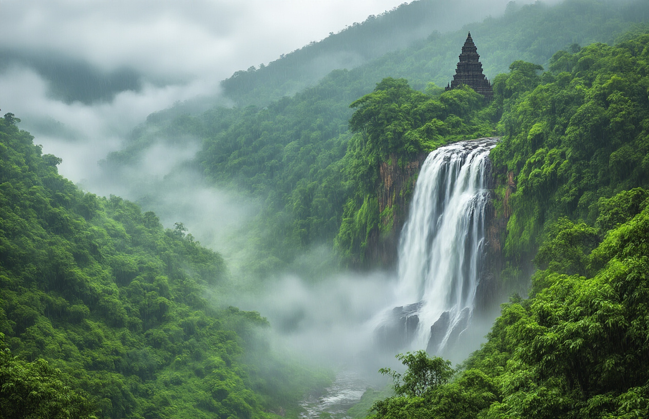 realistic image of a breathtaking monsoon landscape in Maharashtra, India, featuring the iconic Dudhsagar Waterfalls cascading powerfully through lush green Western Ghats, with misty clouds hanging low over dense tropical forests, vibrant emerald-colored vegetation covering rolling hills, a rain-soaked ancient fort or temple silhouette visible in the soft background, dramatic overcast sky with diffused natural light creating a moody yet magical atmosphere, and gentle rain mist adding depth and mystery to the scene, capturing the raw and lively beauty of Maharashtra during monsoon season. Absolutely NO text should be in the scene.