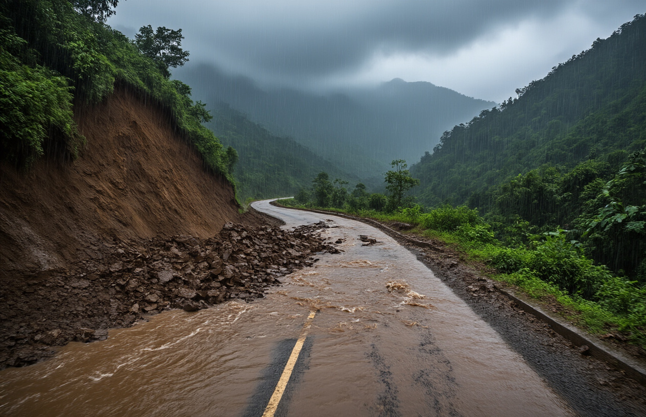 realistic image of a rain-battered mountain road in Maharashtra, India, showing visible hazards including a partially washed-out section of road, muddy landslide debris spilling across the path, and swollen brown floodwaters rushing through a nearby valley, with dense monsoon clouds hanging low over the Western Ghats in the background, the scene lit by the dim, grey diffused light of a heavy rainy day, conveying a strong sense of danger and treacherous travel conditions, with no vehicles or people present to emphasize the raw, untamed risk of the environment. Absolutely NO text should be in the scene.