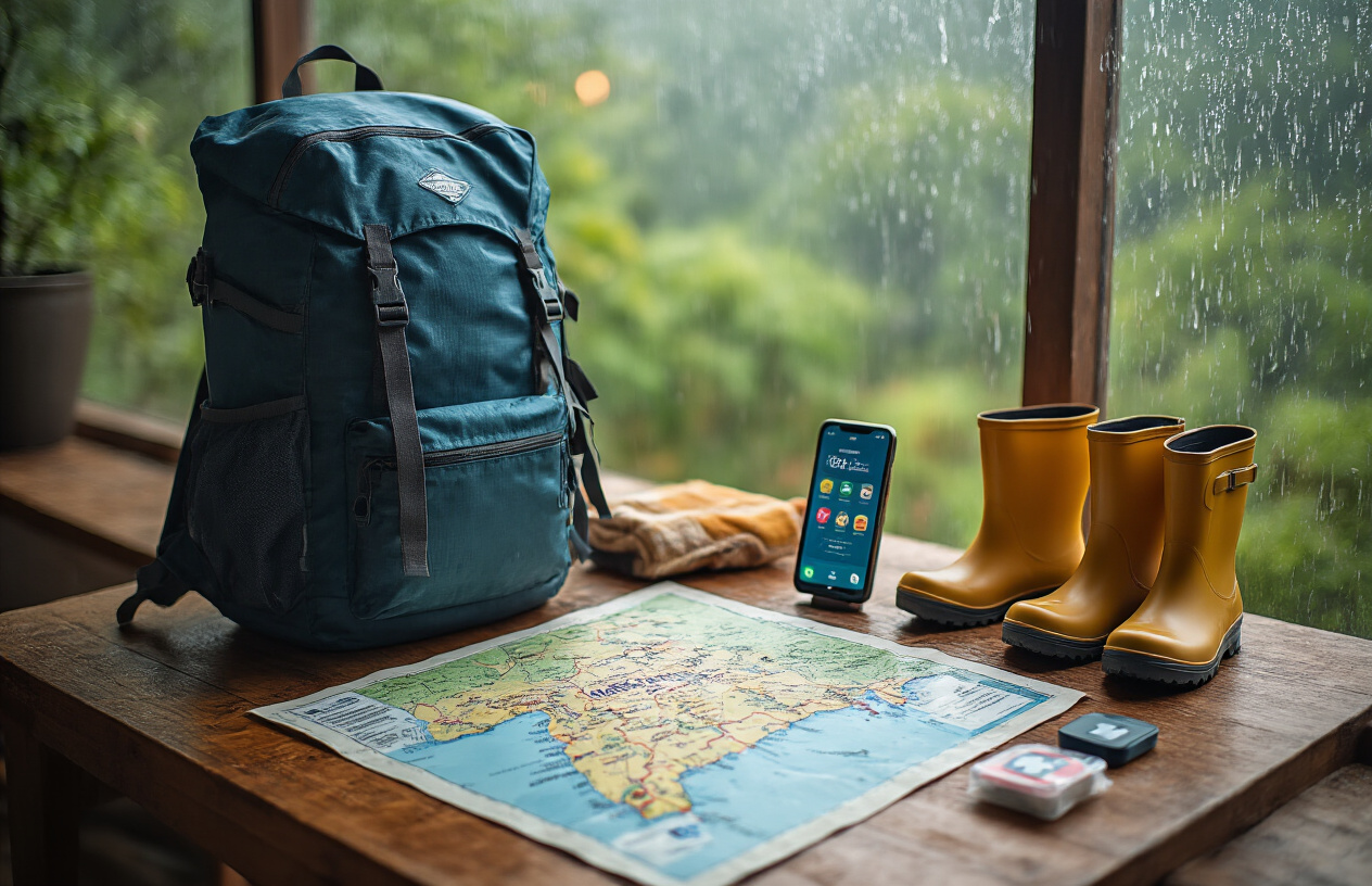 realistic image of a well-organized travel planning setup on a wooden table featuring a map of Maharashtra with marked routes, a waterproof backpack, rain gear including a folded poncho and rubber boots, a smartphone displaying a weather app, and a small first aid kit, set against a softly blurred background of a rain-streaked window with lush green monsoon scenery outside, the scene lit with warm indoor lighting creating a cozy yet practical planning atmosphere. Absolutely NO text should be in the scene.
