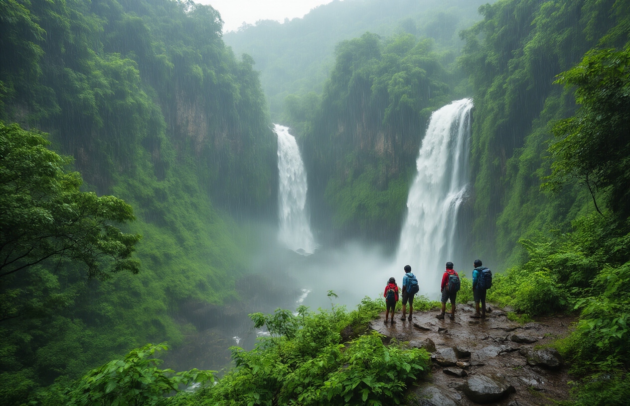 realistic image of a lush green waterfall cascading down misty rocky cliffs in Maharashtra's Western Ghats during monsoon season, with a small group of Indian hikers standing at a viewpoint, taking in the breathtaking scenery, surrounded by vibrant emerald forest foliage glistening with raindrops, the scene lit by soft diffused overcast light that enhances the rich greens and the dramatic flow of water, evoking a sense of adventure, wonder, and reward despite the rainy weather. Absolutely NO text should be in the scene.