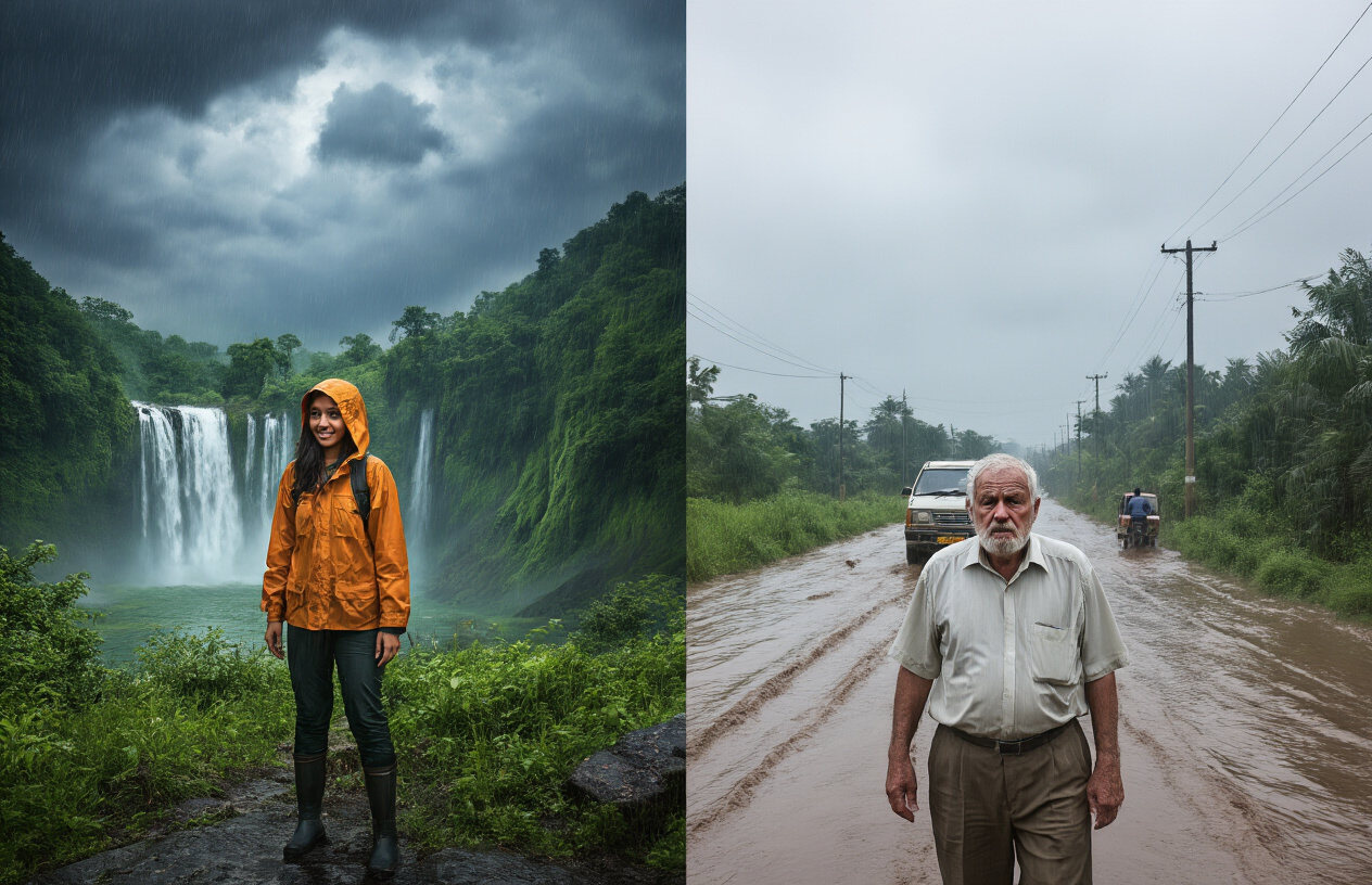 realistic image of a split-scene composition showing two contrasting sides of monsoon travel in Maharashtra, India, with one side depicting a young adventurous South Asian female traveler in rain gear enthusiastically exploring a lush green waterfall landscape under dramatic cloudy skies, and the other side showing an elderly white male tourist looking distressed and overwhelmed by heavy rainfall on a flooded muddy road with a struggling vehicle in the background, the overall mood conveying a balanced honest assessment of risk versus reward, with moody overcast monsoon lighting casting a dramatic yet realistic atmosphere across both scenes. Absolutely NO text should be in the scene.