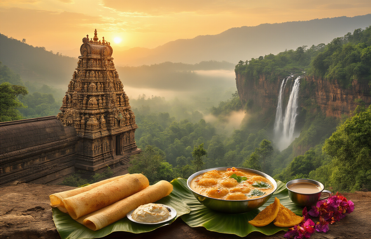 realistic image of a breathtaking panoramic collage-style scene representing Karnataka, India, featuring a majestic ancient temple with intricate stone carvings on one side, lush green misty Western Ghats hills with waterfalls in the background, a vibrant spread of traditional South Indian food including dosas and filter coffee on a banana leaf in the foreground, all bathed in warm golden hour lighting that creates a sense of wonder and discovery, with rich jewel-toned colors conveying an inviting and awe-inspiring mood of an underrated yet extraordinary destination. Absolutely NO text should be in the scene.