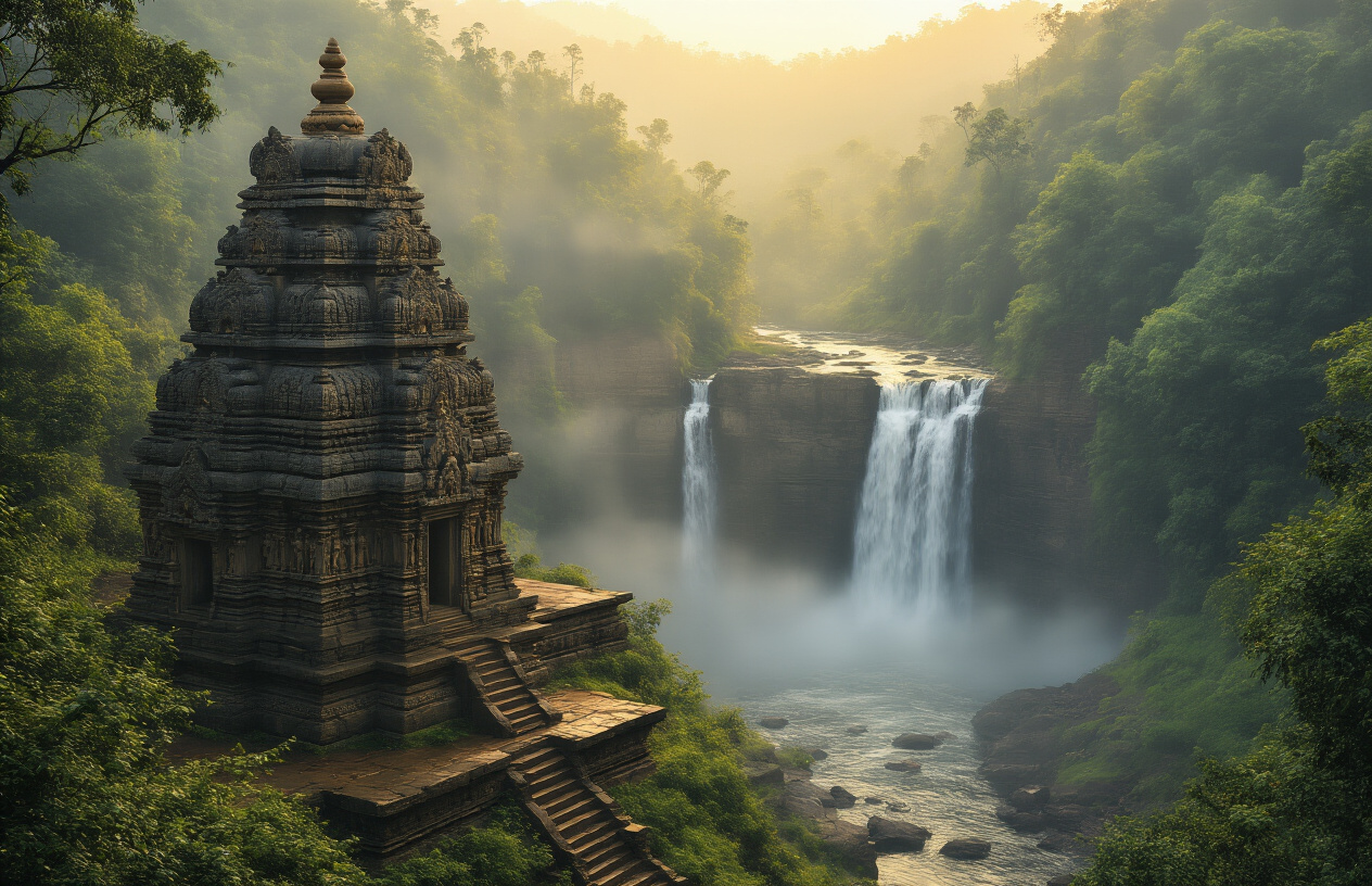 realistic image of a stunning yet overlooked Karnataka landscape featuring a grand ancient temple with intricate stone carvings beside a misty waterfall surrounded by lush green forests, with no tourists or crowds in sight, bathed in soft golden morning light that highlights the untouched natural beauty and architectural splendor, conveying a sense of hidden magnificence waiting to be discovered, with a serene and mysterious mood. Absolutely NO text should be in the scene.