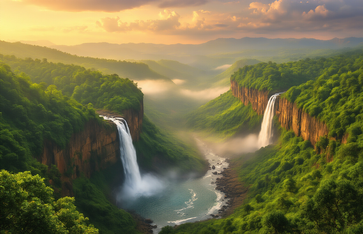 realistic image of a breathtaking panoramic landscape in Karnataka, India, featuring lush green rolling hills covered in dense forest, a majestic waterfall cascading down rocky cliffs into a crystal-clear pool below, with misty valleys stretching into the distance under a dramatic golden hour sky filled with soft clouds, the scene radiating a sense of untouched natural beauty and serene grandeur that rivals any world-famous tourist destination, warm and ethereal lighting casting a golden glow across the entire landscape, vivid colors of deep greens, earthy browns, and golden hues blending seamlessly, Absolutely NO text should be in the scene.