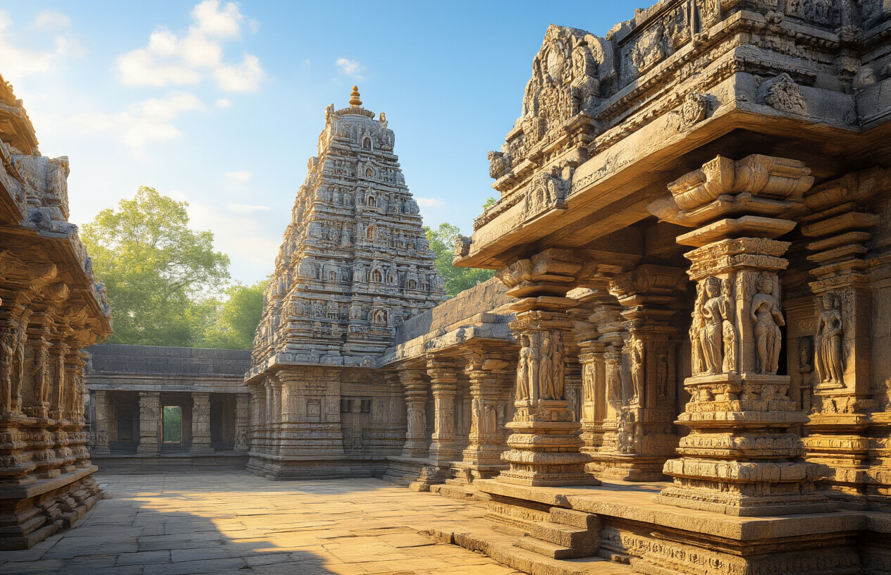 realistic image of an ancient Karnataka temple complex showcasing intricate Hoysala or Chalukya architecture, with ornately carved stone pillars, detailed sculptures, and layered stone towers rising against a clear blue sky, surrounded by lush greenery, warm golden sunlight illuminating the textured carvings and architectural details, creating a majestic and awe-inspiring atmosphere that reflects centuries of rich cultural heritage, Absolutely NO text should be in the scene.