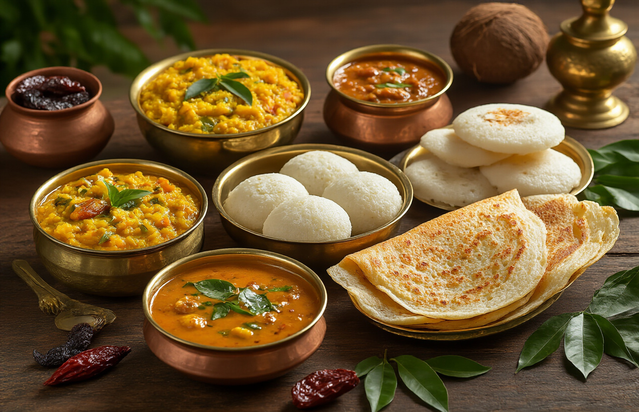 realistic image of a vibrant spread of traditional Karnataka cuisine displayed on a rustic wooden table, featuring iconic dishes like bisi bele bath, dosas, idli with sambar, and Mysore pak dessert arranged in brass and clay serving vessels, surrounded by fresh curry leaves, tamarind, and coconut, with warm golden lighting evoking an authentic South Indian dining atmosphere, rich earthy tones and lush greenery subtly visible in the background to hint at Karnataka's cultural richness. Absolutely NO text should be in the scene.