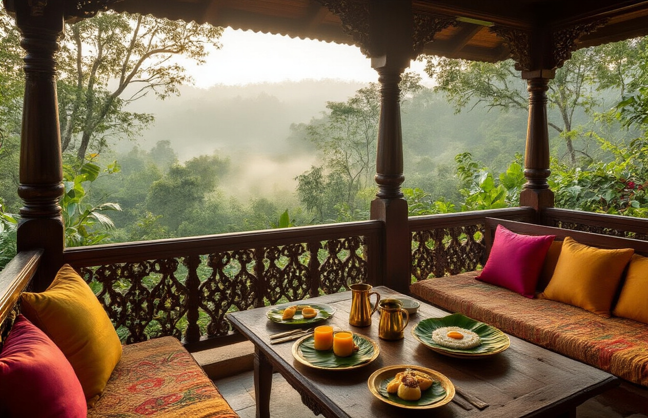 realistic image of a stunning yet affordable guesthouse or boutique homestay in Karnataka, India, featuring a beautifully decorated traditional wooden veranda with ornate carvings, colorful silk cushions, and a low wooden table set with fresh South Indian breakfast including filter coffee in a brass tumbler, banana leaf plates, and local delicacies, overlooking a lush tropical garden or misty Western Ghats landscape in the background, warm golden morning light filtering through the trees creating an atmosphere of serene luxury, evoking the feeling of an indulgent experience at an accessible price, rich and inviting mood with vibrant earthy tones of terracotta, green, and gold. Absolutely NO text should be in the scene.