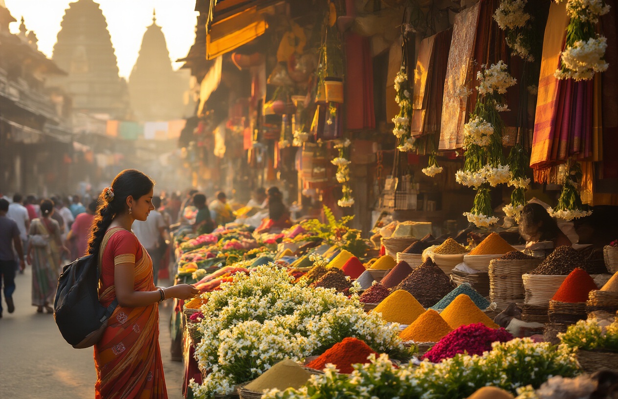 realistic image of a vibrant local Karnataka market scene during the golden hour, featuring an Indian female traveler dressed in casual traditional attire browsing colorful stalls filled with fresh jasmine flowers, spices, and silk fabrics, with the warm amber sunlight casting a soft glow over the bustling crowd, ancient temple architecture visible in the background, creating an immersive and authentic local atmosphere that captures the essence of experiencing Karnataka like a resident rather than a tourist. Absolutely NO text should be in the scene.