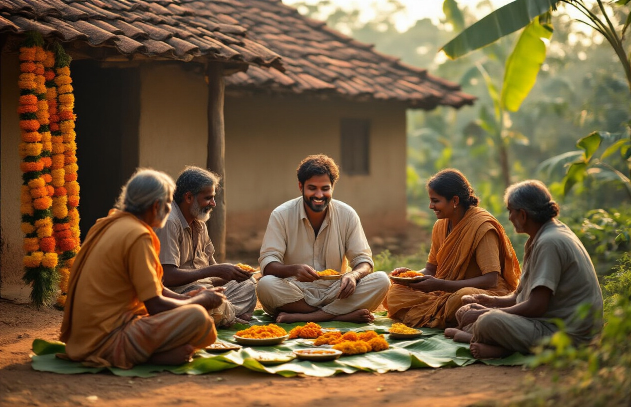 realistic image of a warm and authentic scene in Odisha, India, showing an Indian male traveler sitting comfortably with a group of local Odia villagers, sharing a simple traditional meal on banana leaves near a rustic home with terracotta roof tiles, surrounded by lush greenery, marigold garlands, and the soft golden glow of late afternoon sunlight, conveying a deep sense of belonging, cultural connection, and genuine friendship, with a relaxed and joyful mood that reflects the feeling of truly experiencing Odisha as a local rather than a tourist. Absolutely NO text should be in the scene.
