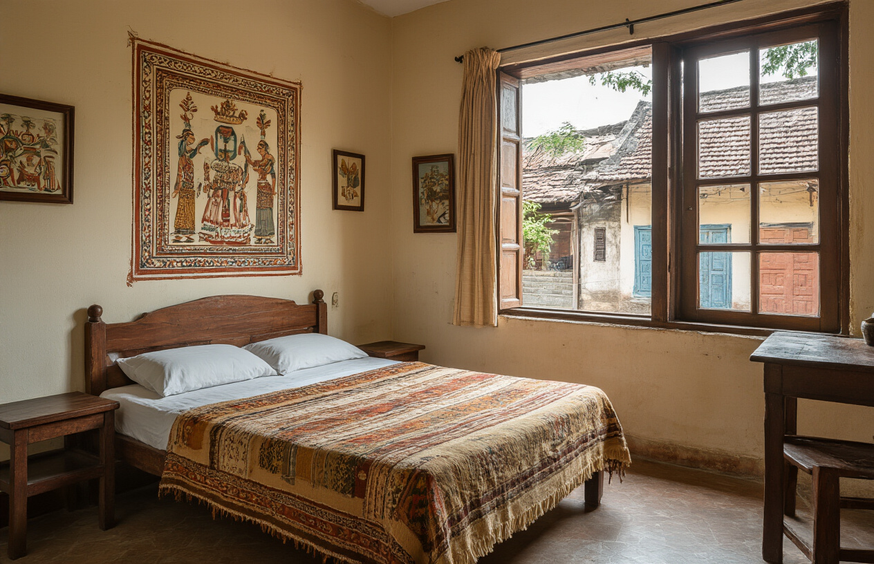 realistic image of a cozy, modest guesthouse or homestay room in Odisha, India, featuring traditional local decor such as Pattachitra artwork on the walls, simple wooden furniture, and a handwoven bedspread in earthy tones, with a window overlooking a narrow, bustling local neighborhood street lined with traditional Odia homes, warm and inviting natural lighting filtering through the window, evoking an authentic, lived-in atmosphere that feels far removed from a typical tourist hotel. Absolutely NO text should be in the scene.