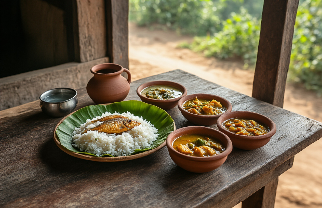 realistic image of a rustic, simple roadside eatery in Odisha, India, featuring a worn wooden table displaying traditional Odia meals served on sal leaf plates, including pakhala bhata (fermented rice in water), fried fish, and vegetable curries in small clay bowls, with a clay pot of water nearby, warm natural daylight streaming in from the side, creating an authentic, humble, and inviting atmosphere that feels lived-in and everyday rather than touristy or staged. Absolutely NO text should be in the scene.