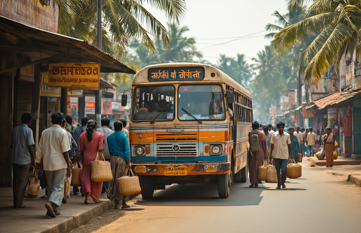 realistic image of a crowded local bus stop in Odisha, India, where Indian passengers are boarding a weathered, vibrantly painted state transport bus, with a few locals carrying woven bags and tiffin boxes, set against a backdrop of a small-town street lined with roadside shops and coconut trees, captured in warm natural daylight with a candid, authentic atmosphere. Absolutely NO text should be in the scene.