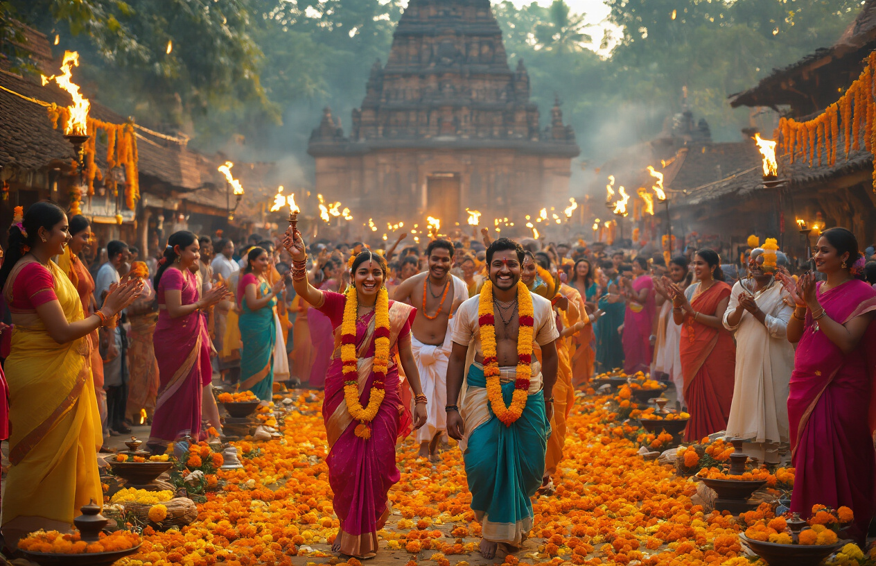 realistic image of a vibrant outdoor festival scene in Odisha, India, where a group of Indian men and women in colorful traditional attire are joyfully celebrating together, with women wearing bright sarees and men in dhotis participating in a cultural ritual or procession, surrounded by marigold flower decorations, oil lamps, and traditional offerings, set against a backdrop of an ancient temple or traditional village setting, with warm golden lighting from lamps and torches creating a festive and immersive atmosphere that feels authentic and community-driven. Absolutely NO text should be in the scene.
