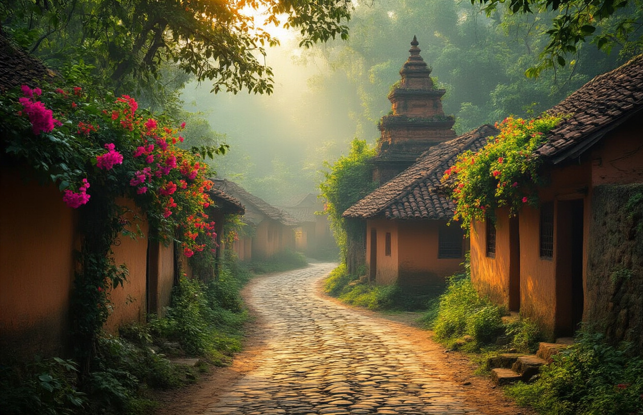 realistic image of a narrow, winding cobblestone path leading through a lush, untouched village in Odisha, India, with traditional terracotta-roofed mud houses draped in vibrant flowering vines on either side, a small ancient moss-covered temple partially hidden by dense tropical trees in the background, soft golden afternoon light filtering through the canopy, creating a serene and mysterious atmosphere that feels undiscovered and intimately local, Absolutely NO text should be in the scene.