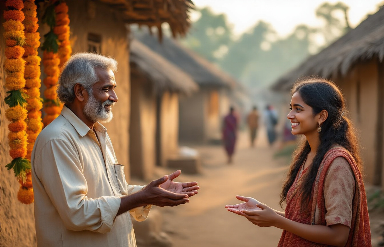 realistic image of a warm and genuine cultural exchange between an Indian male local resident and an Indian female traveler in a traditional Odishan village setting, where the local man is warmly gesturing and sharing something about his surroundings while the traveler listens attentively with a smile, complemented by a rustic village backdrop featuring traditional mud-walled homes with thatched roofs, vibrant marigold garlands, and locals going about their daily routines in the soft golden light of late afternoon, creating an atmosphere of trust, authenticity, and heartfelt human connection. Absolutely NO text should be in the scene.