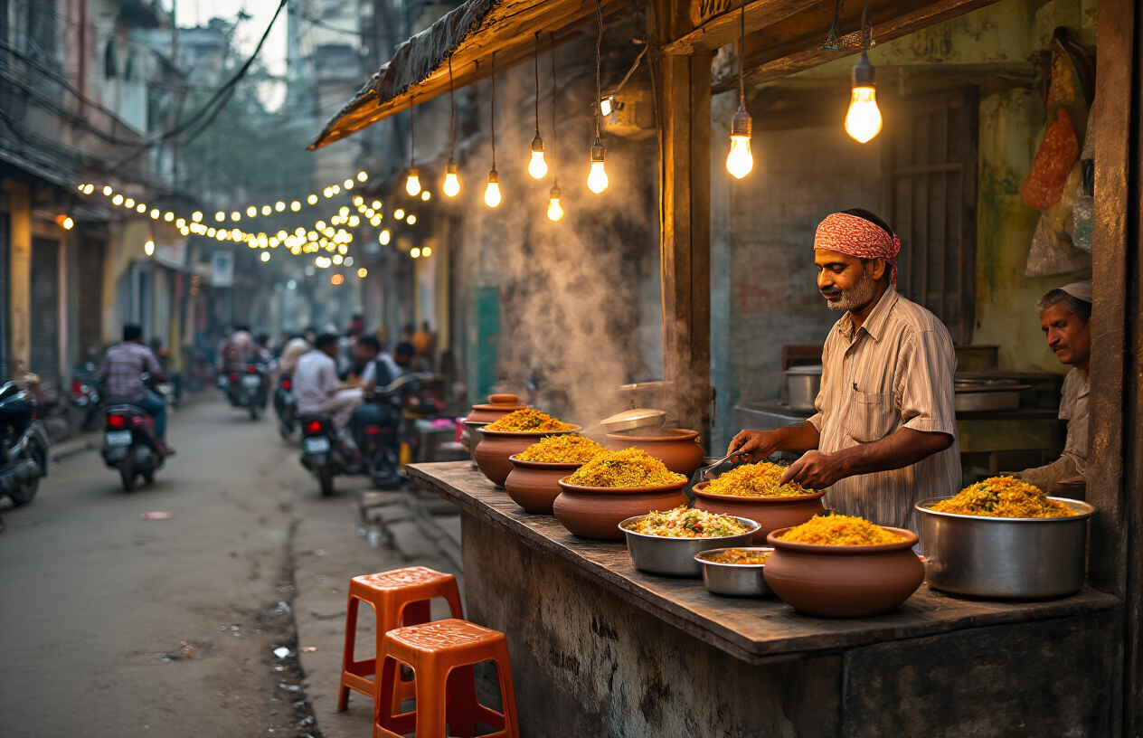 realistic image of a vibrant street food scene in Hyderabad, India, featuring a rustic roadside stall with steaming clay pots of biryani and colorful local dishes displayed on a worn wooden counter, with a South Asian male vendor serving generous portions, surrounded by small plastic stools and satisfied local diners eating together, string lights overhead casting a warm golden glow over the bustling evening scene, the background showing a lively neighborhood street with old buildings and motorbikes, evoking a sense of affordability, authenticity, and joyful local culture. Absolutely NO text should be in the scene.