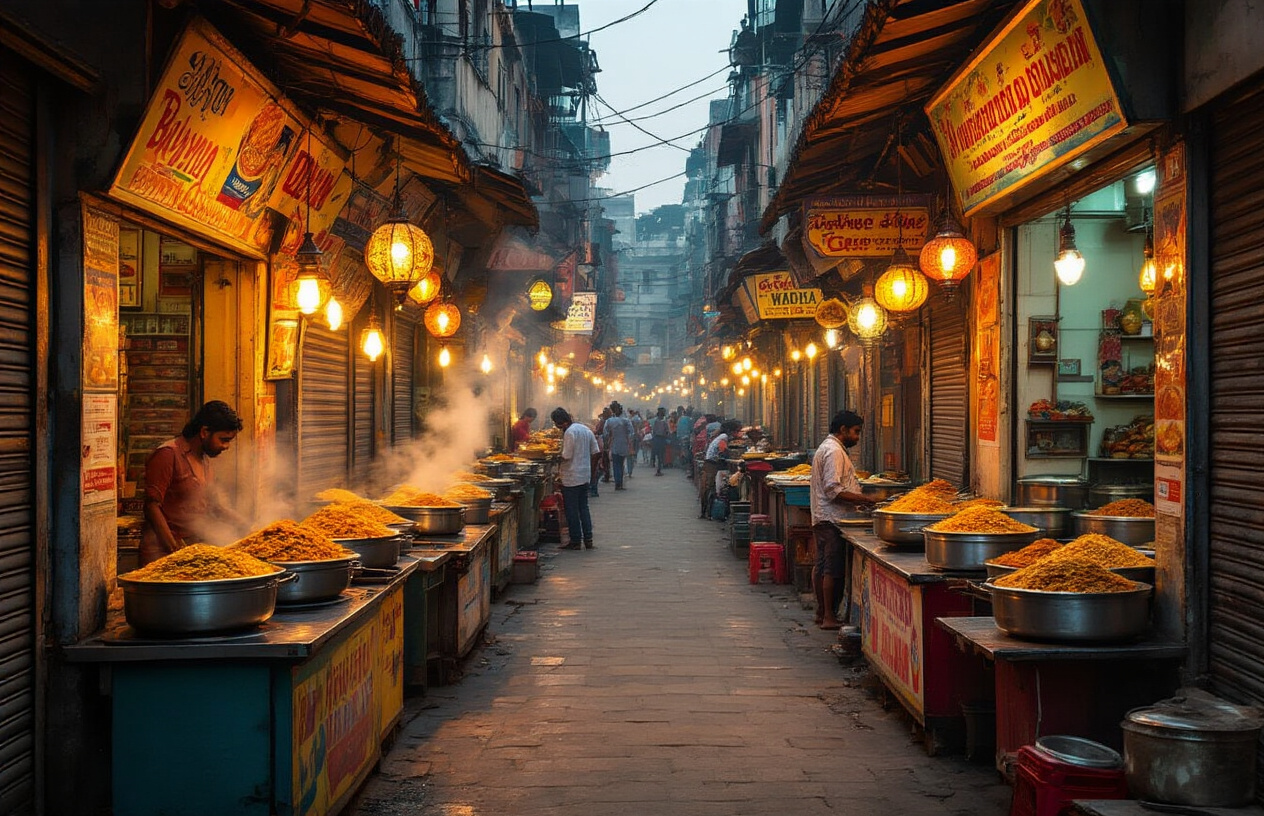 realistic image of a vibrant, bustling street food neighborhood in Hyderabad, India, featuring a narrow lane lined with colorful food stalls and small traditional eateries, with steaming pots of biryani and local delicacies displayed at the stalls, warm golden lighting from hanging lanterns and shop lights illuminating the scene, the atmosphere lively and inviting with an authentic old-city charm, showcasing the rich culture of Hyderabad's local food streets during evening hours, Absolutely NO text should be in the scene.