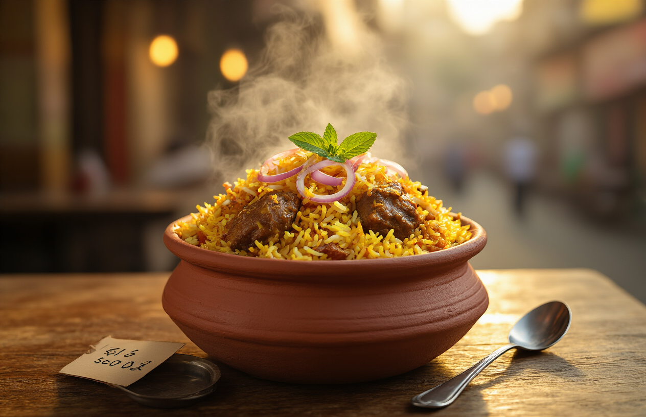 realistic image of a steaming clay pot of Hyderabadi biryani overflowing with fragrant saffron-colored rice, tender meat pieces, and garnished with caramelized onions and fresh mint leaves, placed on a rustic wooden table at a modest local Hyderabad restaurant, with a small price tag or affordable-looking simple steel plate and spoon beside it, warm golden lighting illuminating the rich textures of the dish, creating an inviting and authentic street food atmosphere. Absolutely NO text should be in the scene.