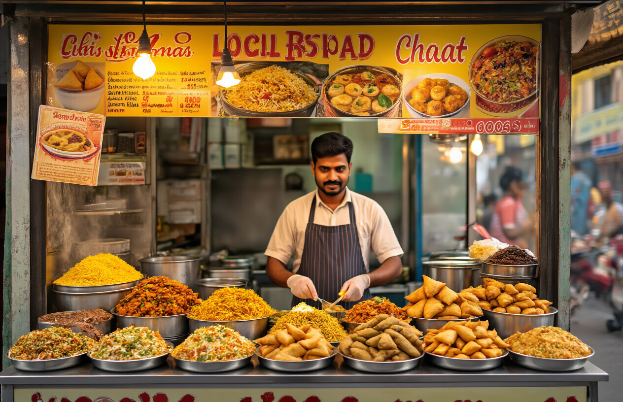 realistic image of a vibrant Hyderabad street food stall during daytime, featuring a variety of freshly prepared local dishes such as biryani, samosas, and chaat displayed on the counter, with a South Asian male vendor serving food using clean utensils and wearing a neat apron, the stall appearing hygienic and well-organized with fresh ingredients visible, warm golden lighting illuminating the colorful food spread, creating an inviting and lively atmosphere that reflects smart and safe budget-friendly street dining, Absolutely NO text should be in the scene.