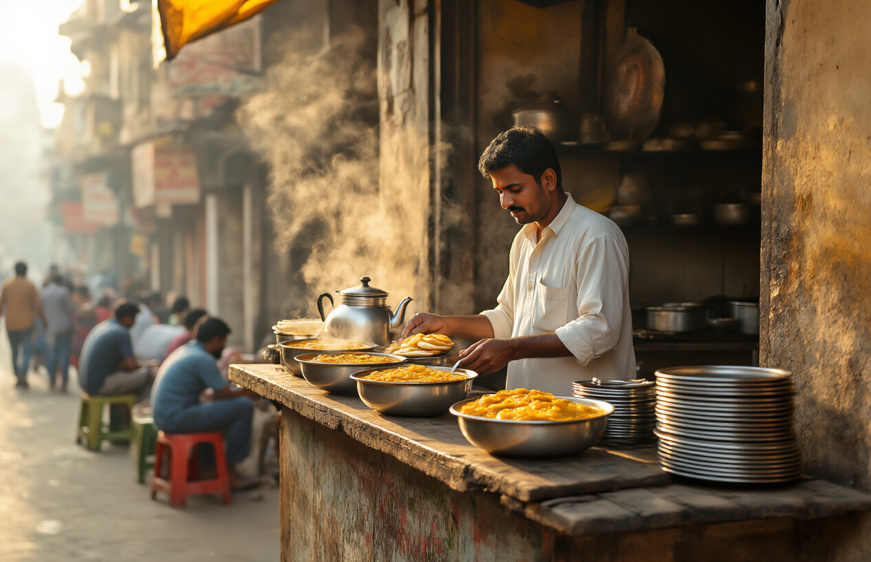 realistic image of a vibrant, narrow street-side breakfast stall in Hyderabad, India, featuring steaming bowls of Haleem and freshly made Idli-Sambar served on a small rustic wooden counter, with a weathered chai kettle and stacked steel plates in the foreground, an Indian male vendor in a simple white kurta serving food behind the counter, surrounded by a warm, bustling morning atmosphere with soft golden sunlight filtering through, a backdrop of old Hyderabadi architecture with locals gathered around simple plastic stools eating together, conveying an authentic, affordable, and lively local breakfast scene. Absolutely NO text should be in the scene.