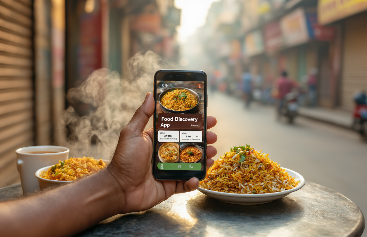 realistic image of a close-up view of a South Asian male's hands holding a smartphone displaying a food discovery app interface with restaurant ratings and budget-friendly options, placed on a small street-side table in Hyderabad, with a steaming plate of local biryani and a cup of chai beside the phone, a bustling local market visible in the soft-focus background, warm golden afternoon lighting creating an inviting and practical atmosphere, suggesting smart budget dining decisions. Absolutely NO text should be in the scene.