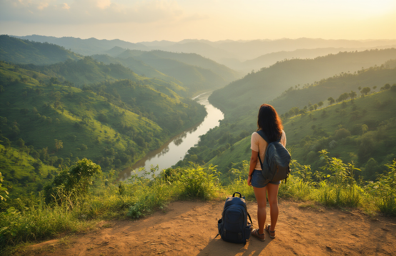 realistic image of a solo South Asian female traveler standing at a scenic viewpoint in North Kerala, looking out over lush green hills and a winding river valley, with a small backpack resting beside her, the warm golden light of late afternoon casting a serene and adventurous mood over the landscape, suggesting a fulfilling and budget-conscious journey through the region. Absolutely NO text should be in the scene.