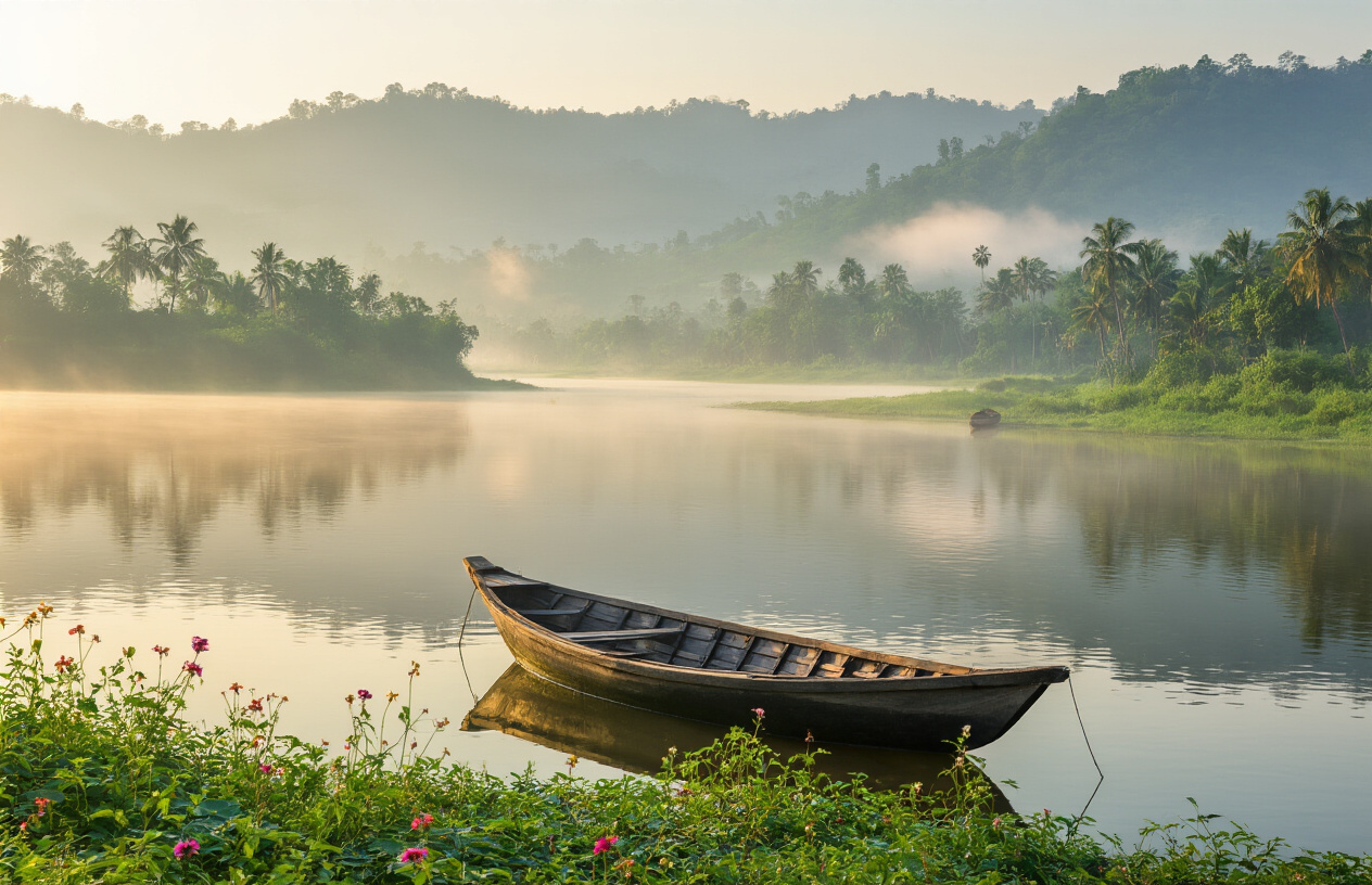realistic image of a scenic North Kerala landscape featuring lush green backwaters and misty hills under soft golden morning light, with a visible calendar or seasonal cues like blooming flowers suggesting the ideal travel season, the atmosphere calm and budget-friendly with a modest wooden boat resting on the tranquil waterway in the foreground, the overall mood peaceful and inviting, evoking the charm of an off-peak travel season with natural beauty in full display. Absolutely NO text should be in the scene.
