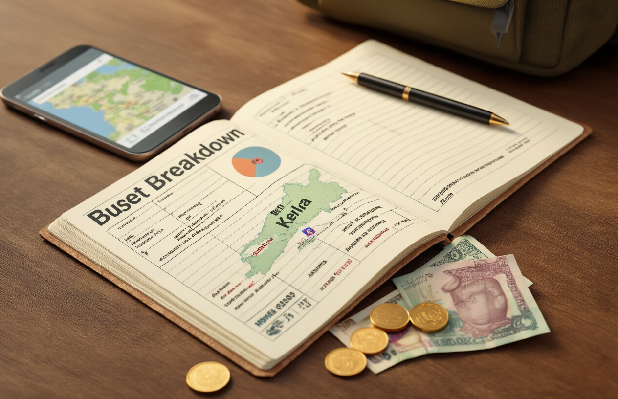 realistic image of a travel planning setup on a wooden table featuring an open notebook with a budget breakdown, a few Indian rupee banknotes and coins scattered nearby, a smartphone displaying a map of Kerala, and a pen resting on the notebook, with a small backpack in the background suggesting budget travel, warm natural lighting creating a focused and organized mood, Absolutely NO text should be in the scene.