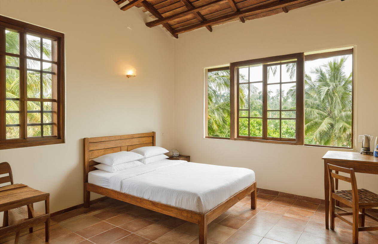 realistic image of a clean and cozy budget guesthouse or hostel room in Kerala, India, featuring simple wooden furniture, a neatly made bed with white linens, and a small window overlooking lush green tropical surroundings, with warm natural lighting creating a comfortable and inviting atmosphere, conveying affordability without sacrificing comfort, with a Kerala-style architectural touch such as wooden beams or traditional tiles visible in the background. Absolutely NO text should be in the scene.
