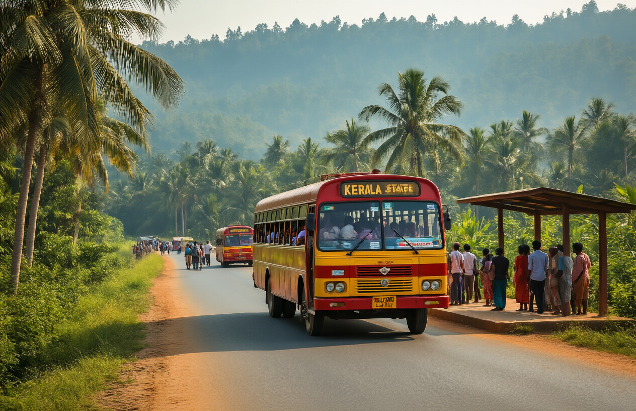 realistic image of a crowded Kerala state bus with vibrant red and yellow colors traveling along a lush green scenic road in North Kerala, with local passengers boarding the bus at a rural bus stop, capturing the budget-friendly and authentic local travel experience, set in warm natural daylight with a backdrop of coconut trees and misty hills, conveying a sense of affordable and adventurous travel. Absolutely NO text should be in the scene.
