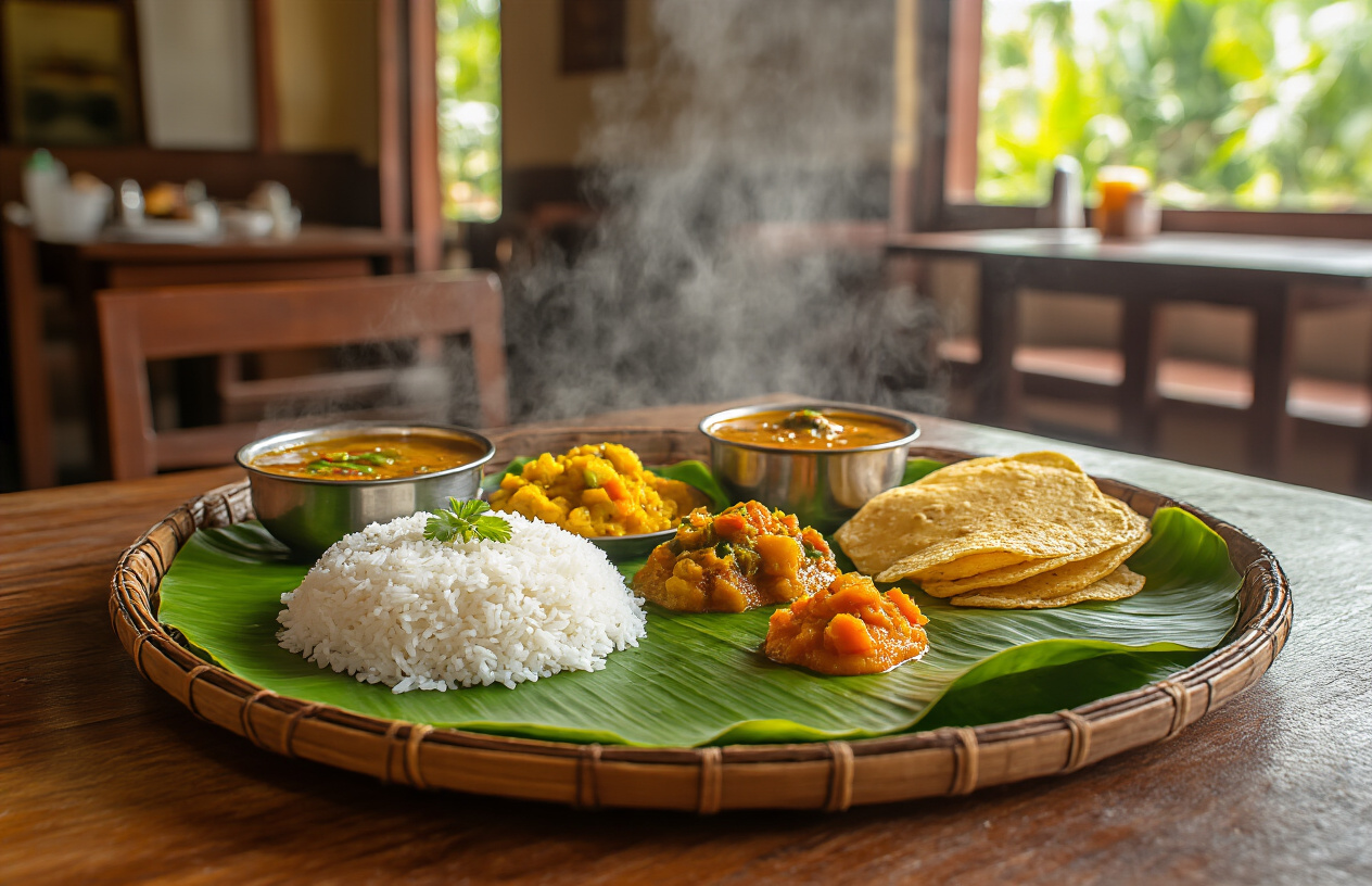 realistic image of a simple, rustic South Indian restaurant in North Kerala featuring a traditional banana leaf meal spread on a wooden table, with steaming rice, colorful vegetable curries, sambar, and papad arranged neatly, the scene bathed in warm natural lighting that highlights the vibrant colors of the food, evoking an affordable yet satisfying local dining experience, with a cozy and inviting atmosphere in the background showing modest restaurant interiors. Absolutely NO text should be in the scene.