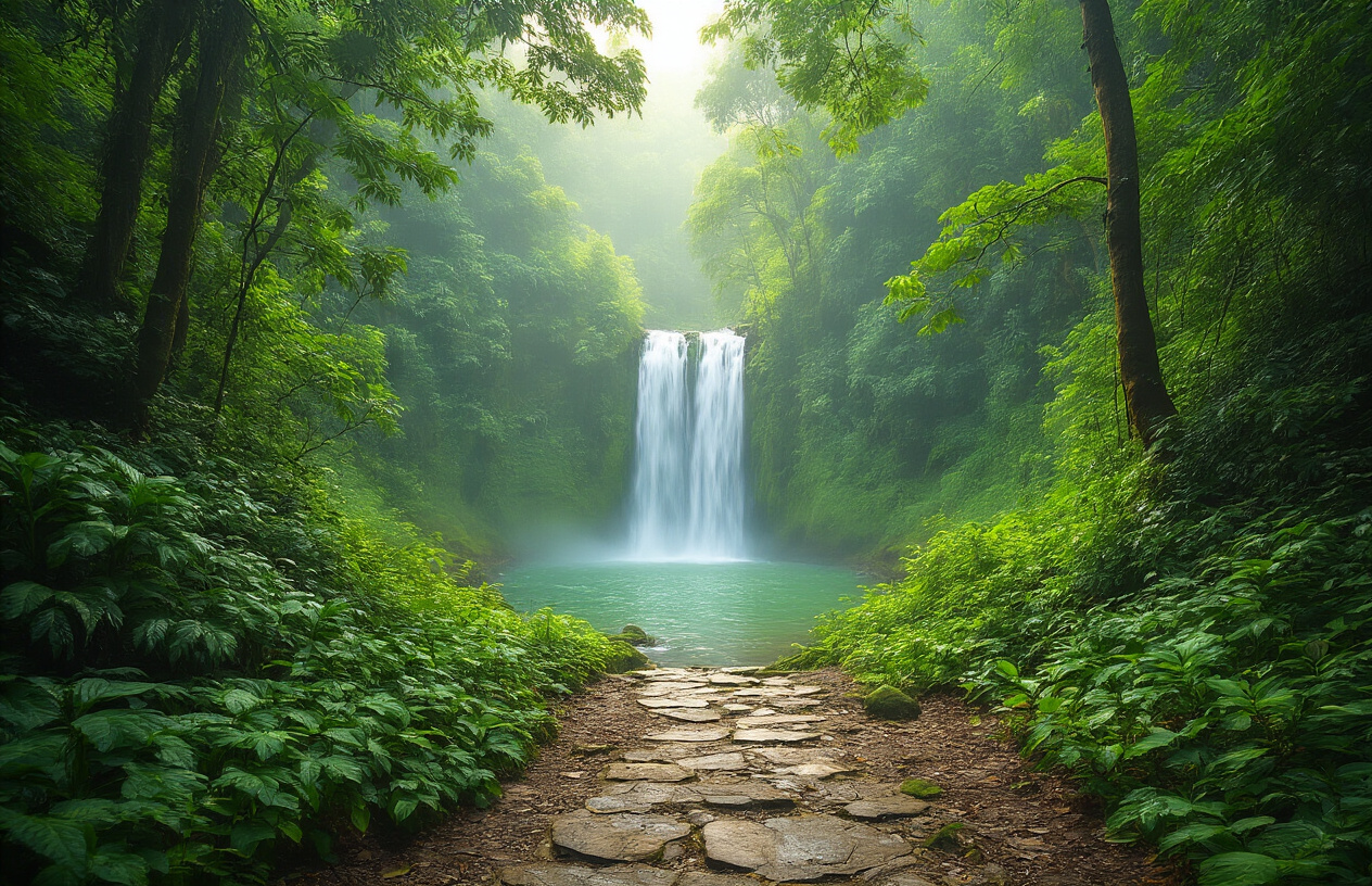realistic image of a scenic outdoor landscape in North Kerala featuring a lush green waterfall surrounded by dense tropical forest, with a narrow stone pathway leading toward it, soft natural sunlight filtering through the tree canopy, creating a serene and inviting atmosphere that suggests an accessible, budget-friendly natural attraction, with no crowds and a peaceful mood evoking discovery and exploration. Absolutely NO text should be in the scene.