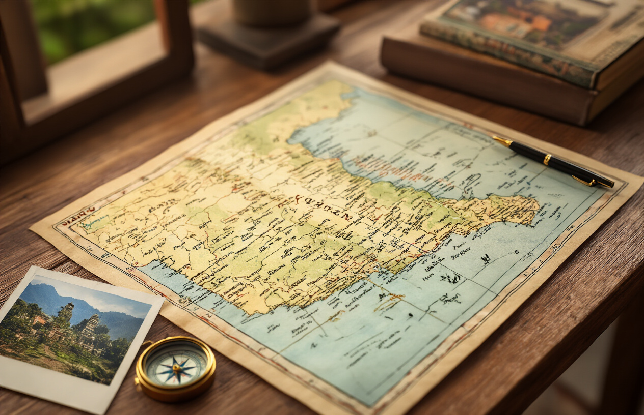 realistic image of a detailed travel map of North Kerala spread open on a wooden table, with a few tourist attraction photos, a small compass, and a pen placed beside it, suggesting careful trip planning, the scene is well-lit with warm natural light, giving an organized and adventurous mood, Absolutely NO text should be in the scene.