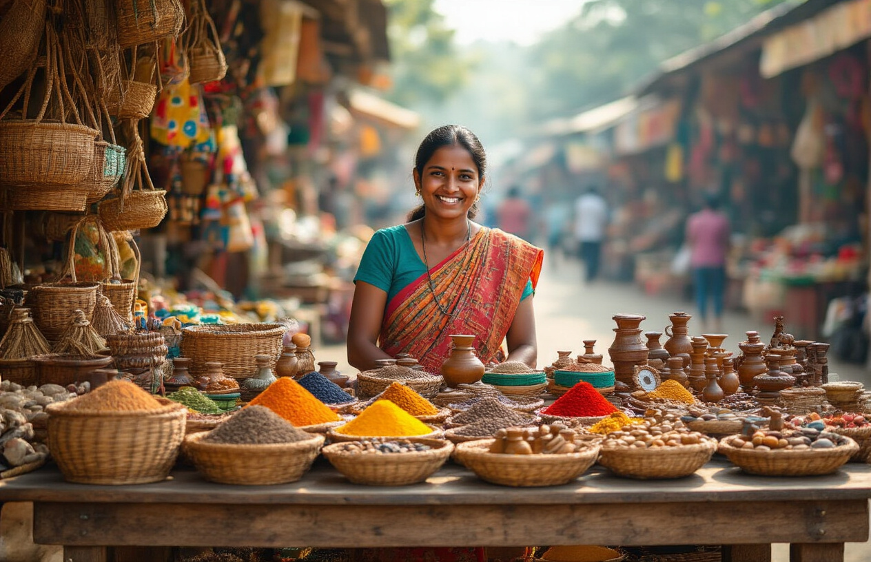 realistic image of a vibrant local market stall in North Kerala, displaying colorful traditional souvenirs such as handwoven baskets, spices, wooden crafts, and small trinkets arranged neatly on a rustic wooden table, with an Indian female vendor smiling behind the stall, warm natural sunlight illuminating the scene, creating a lively and budget-friendly shopping atmosphere, with a blurred background of a busy open-air market. Absolutely NO text should be in the scene.