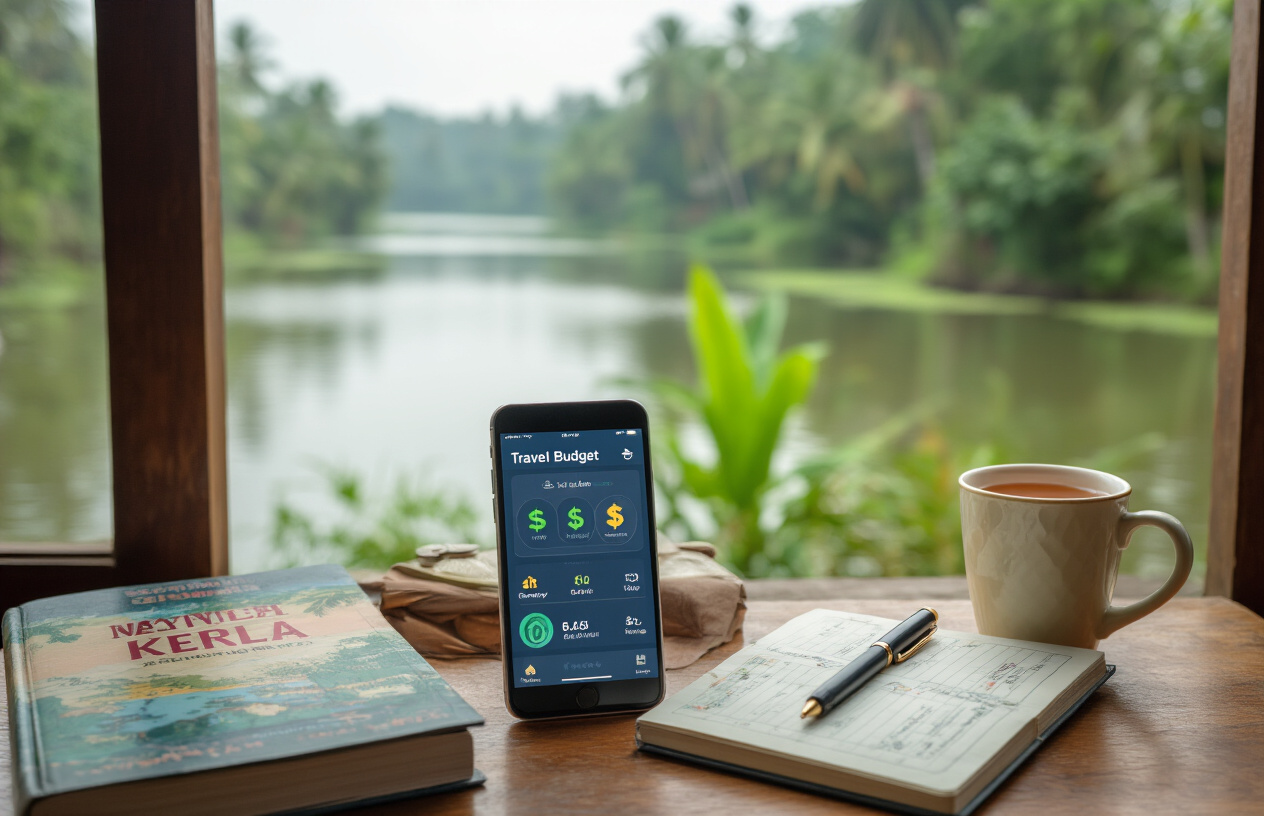 realistic image of a close-up view of a smartphone screen displaying a travel budgeting app interface with maps, currency icons, and expense tracking visuals, placed on a wooden table alongside a travel guidebook, a notebook with a pen, and a cup of chai tea, with a blurred background of lush green Kerala backwaters scenery visible through a window, warm and practical lighting emphasizing a smart travel planning mood, Absolutely NO text should be in the scene.