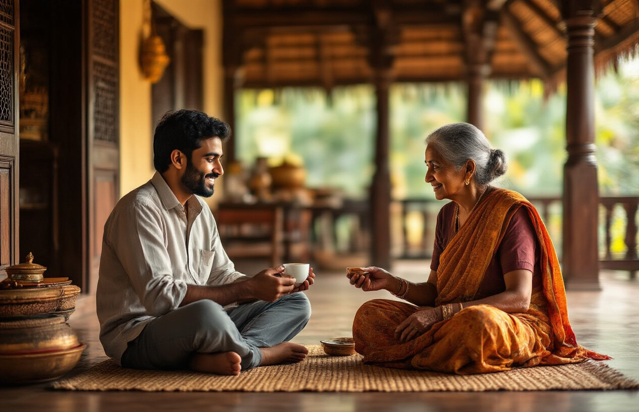 realistic image of a South Asian male traveler sitting cross-legged on a woven mat inside a traditional Kerala home, warmly engaging with an elderly South Asian female local who is sharing a cup of chai, with traditional Kerala wooden architecture in the background, vibrant handmade crafts and local items visible nearby, warm golden indoor lighting creating an intimate and welcoming atmosphere, conveying cultural exchange and genuine human connection. Absolutely NO text should be in the scene.