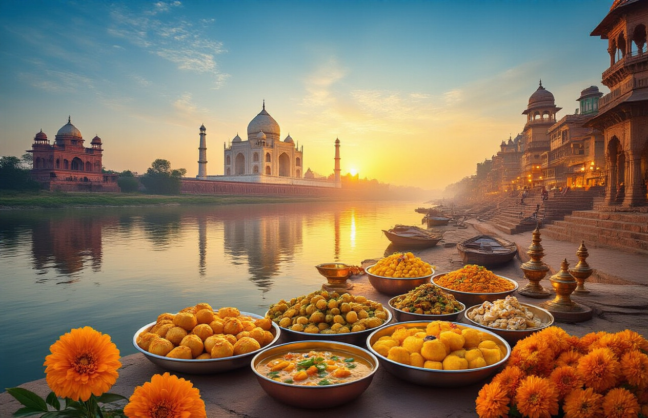 realistic image of a breathtaking panoramic collage-style scene showcasing the essence of Uttar Pradesh, featuring the iconic Taj Mahal glowing in warm golden sunset light in the background, with the ghats of Varanasi reflected in calm river waters to one side, a spread of colorful traditional Indian street food including chaat and sweets in the foreground, lush green wildlife scenery subtly blended into the composition, vibrant marigold flowers and traditional lamps adding cultural richness, the overall mood being awe-inspiring, warm, and inviting, with rich amber and golden tones bathing the entire scene to evoke a sense of wonder and wanderlust, cinematic lighting with a soft haze enhancing the magical atmosphere. Absolutely NO text should be in the scene.