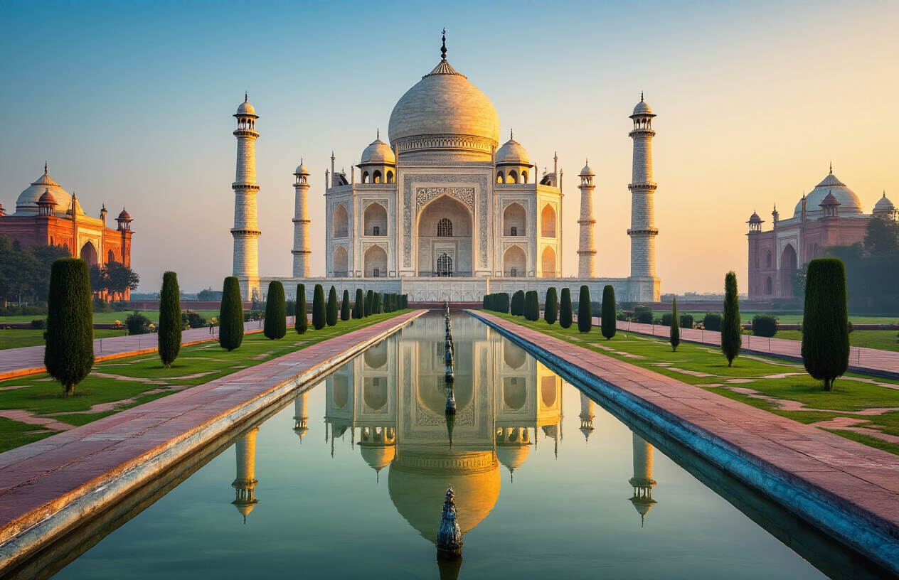 realistic image of the majestic Taj Mahal in Agra, Uttar Pradesh, glowing warmly under soft golden hour light, with its iconic white marble dome and minarets perfectly reflected in the long ornamental pool leading up to it, surrounded by lush symmetrical gardens, conveying a sense of awe, timeless grandeur, and historical magnificence, with a wide-angle perspective that captures the full architectural splendor of the monument against a soft blue-orange sky. Absolutely NO text should be in the scene.
