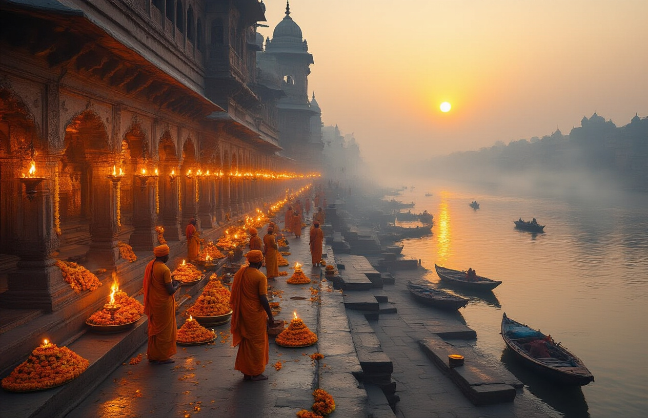 realistic image of the iconic Kashi Vishwanath temple corridor in Varanasi, Uttar Pradesh, glowing with golden oil lamps and marigold flower offerings, with Hindu priests in traditional saffron robes performing sacred rituals near the ghats of the Ganges River at dawn, the misty river reflecting the warm orange and golden hues of the rising sun, smoke from incense and holy fires drifting through the air, creating a deeply spiritual and otherworldly atmosphere, small traditional boats visible on the calm river in the background, the scene radiating an ancient, divine, and transcendent energy. Absolutely NO text should be in the scene.
