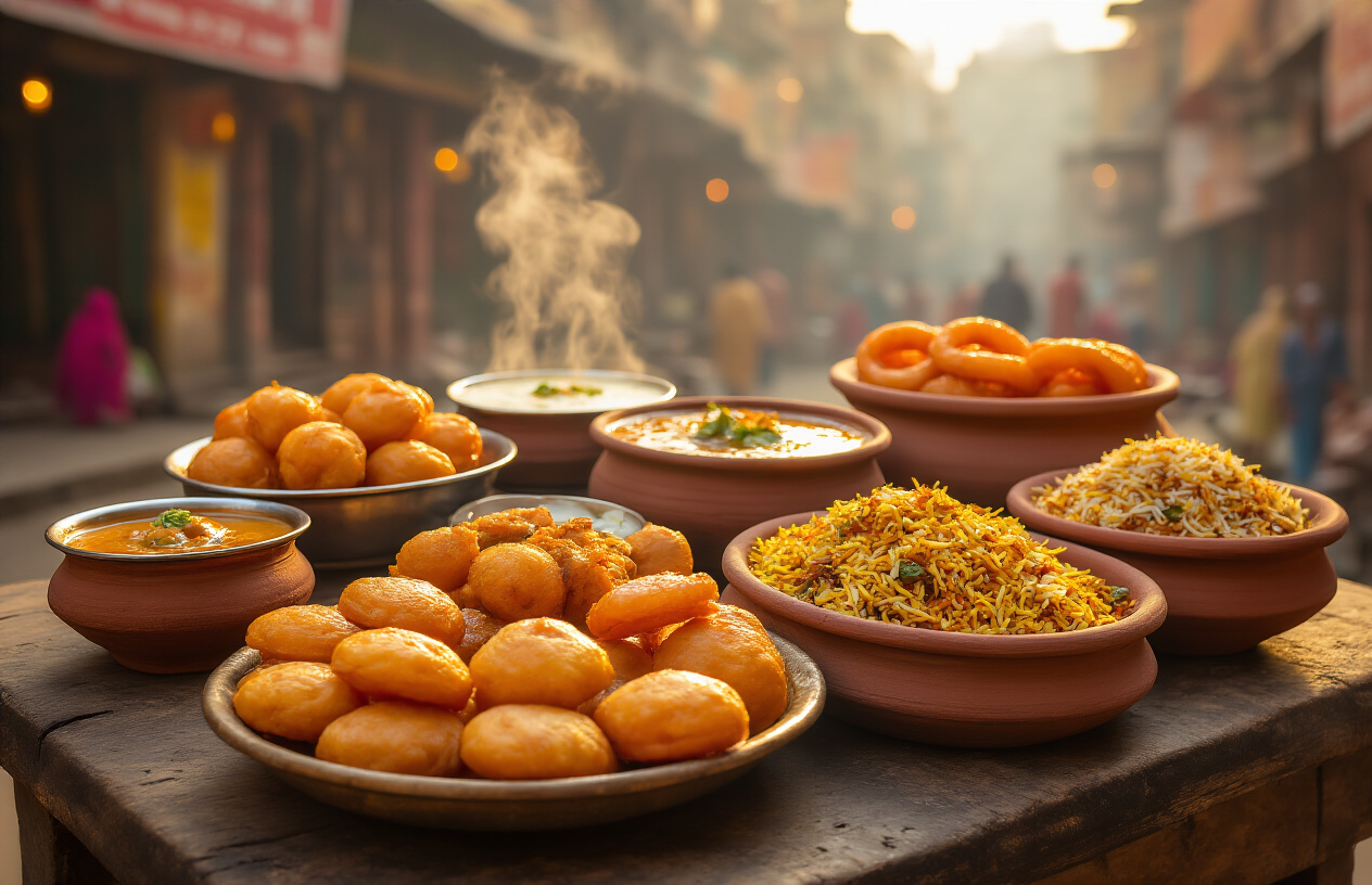 realistic image of a lavish spread of traditional Uttar Pradesh street food and dishes arranged on a rustic wooden table, featuring iconic items like steaming kachori sabzi, creamy rabri, golden jalebis dripping with syrup, and fragrant biryani served in clay pots, with a bustling old Indian bazaar softly blurred in the background, warm golden lighting highlighting the rich colors and textures of the food, creating an inviting and mouth-watering atmosphere that evokes culinary abundance and cultural richness. Absolutely NO text should be in the scene.