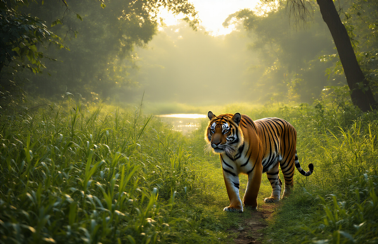 realistic image of a majestic tiger walking through the lush green wilderness of a dense Indian forest, with tall grasses and tropical trees in the background, soft golden morning light filtering through the canopy, creating a serene yet awe-inspiring wildlife atmosphere, with a calm river or watering hole visible in the distance, capturing the raw beauty and biodiversity of Uttar Pradesh's natural landscape. Absolutely NO text should be in the scene.
