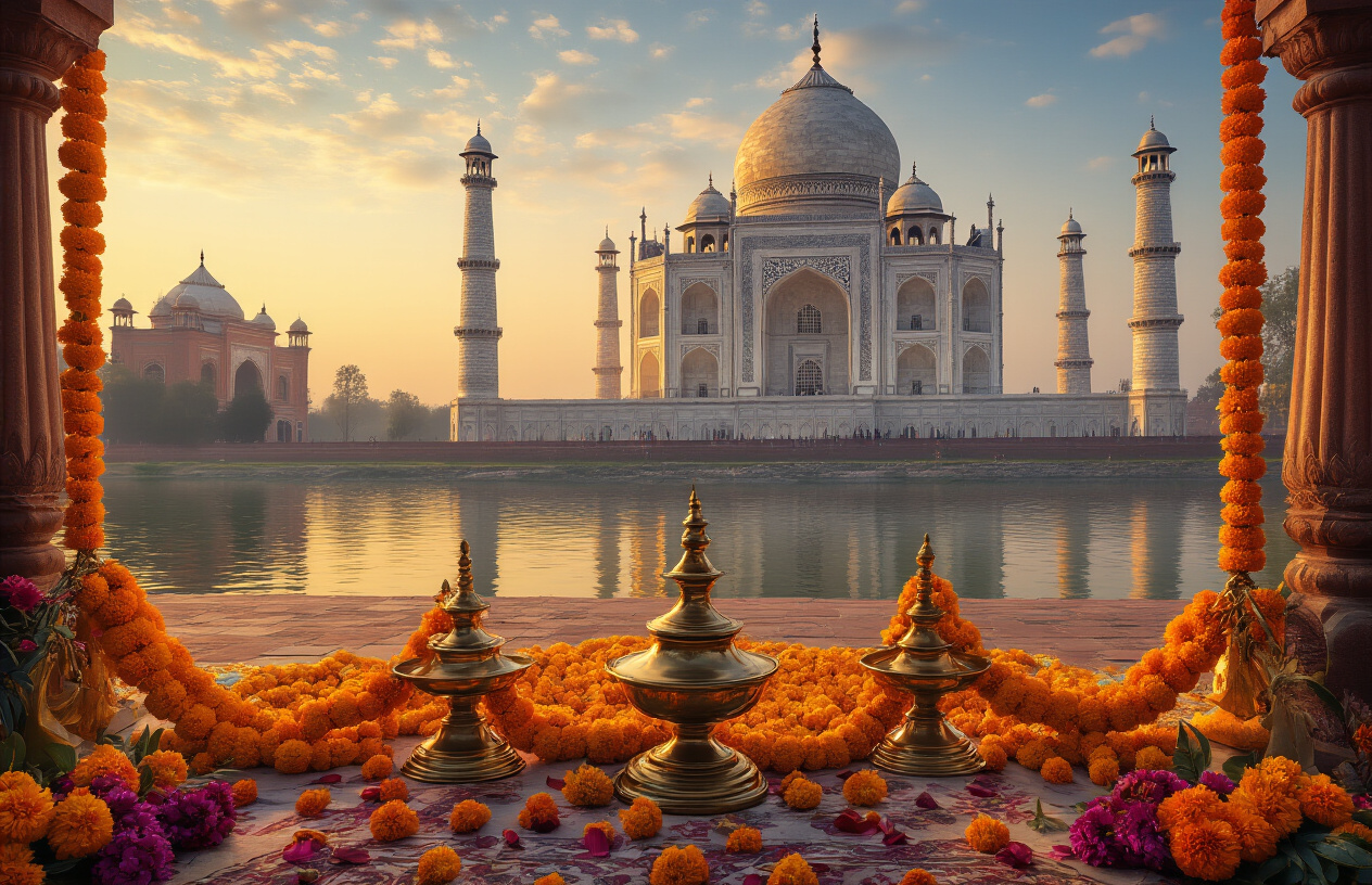 realistic image of a vibrant cultural scene in Uttar Pradesh, India, featuring a grand historical monument like the Taj Mahal or a ornate temple in the background, with colorful traditional decorations, marigold garlands, and brass lamps in the foreground, capturing the essence of classical Indian art, music, and heritage, bathed in warm golden hour lighting that creates an atmosphere of awe and cultural discovery, evoking a sense of wonder and broadened perspective. Absolutely NO text should be in the scene.