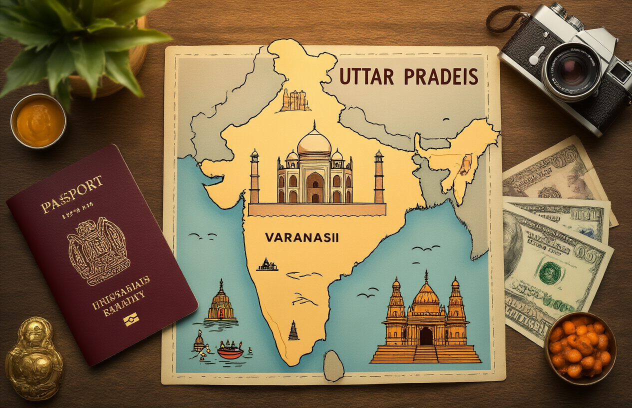 realistic image of a well-organized travel flat lay featuring a map of Uttar Pradesh, a passport, a camera, and Indian currency arranged neatly on a wooden surface, with small iconic symbols representing the Taj Mahal, Varanasi ghats, and local street food placed around the map, warm golden lighting illuminating the scene to evoke a sense of excitement and wanderlust, conveying the idea of practical and rewarding travel planning. Absolutely NO text should be in the scene.
