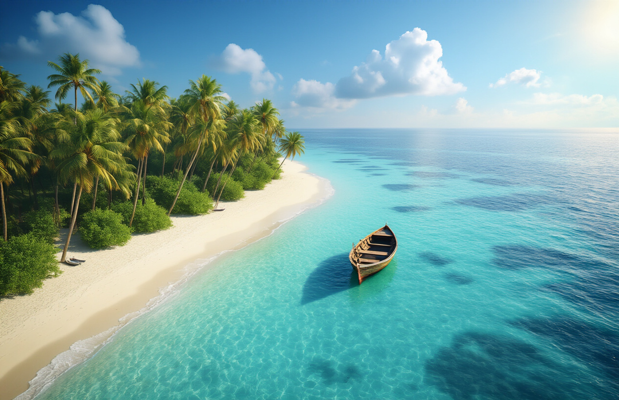 realistic image of a breathtaking aerial view of a pristine Lakshadweep island with crystal-clear turquoise lagoons, white sandy beaches, and lush green palm trees surrounded by the vast blue Arabian Sea, with a small wooden boat gently docked near the shore symbolizing a successful arrival, bathed in warm golden sunlight creating an inviting and accomplished mood, with soft clouds in the bright blue sky enhancing the sense of paradise reached after completing a journey, overall atmosphere feeling peaceful, rewarding, and tropical. Absolutely NO text should be in the scene.
