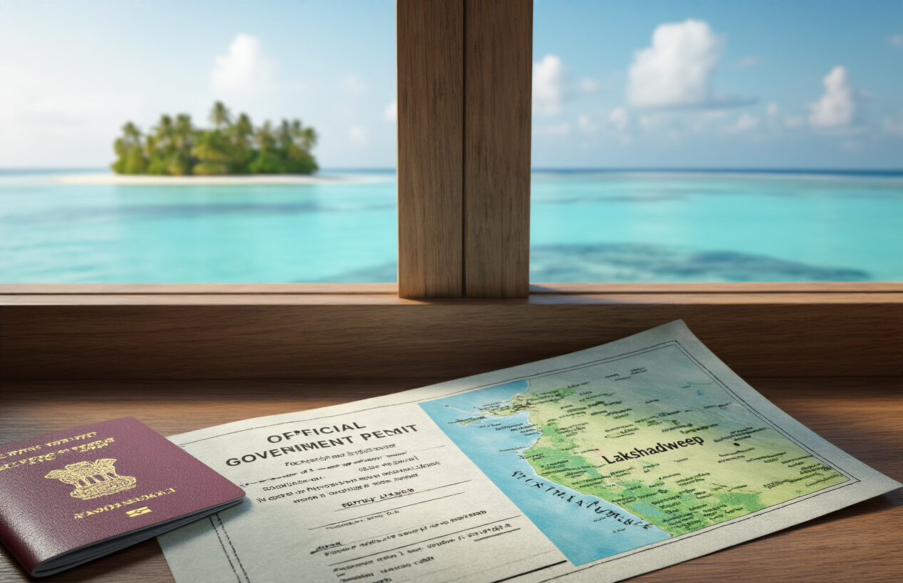 realistic image of a close-up view of an official government entry permit document placed on a wooden desk, alongside a detailed map of the Lakshadweep islands and a small Indian passport, with a clear turquoise ocean and tropical island visible through a window in the background, soft natural lighting creating a professional and organized atmosphere, Absolutely NO text should be in the scene.