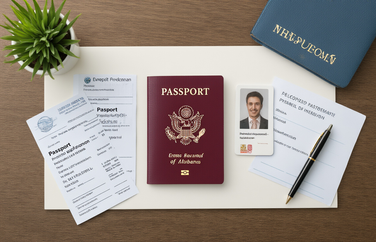realistic image of a neatly organized flat lay arrangement on a clean white desk surface, featuring essential travel documents including a passport, printed application forms, passport-sized photographs, an identity card, and a few official-looking papers spread out in an orderly manner, accompanied by a pen placed beside the documents, soft natural lighting illuminating the scene to create a clean and professional atmosphere, conveying preparation and organization for an official travel permit application process. Absolutely NO text should be in the scene.